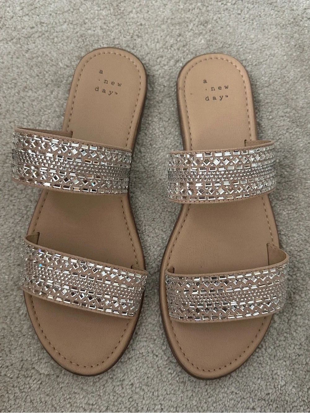 Embellished Flat Slide Sandals, Taupe color, size 8